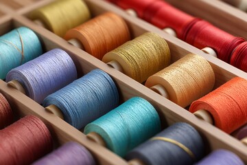Colorful spools of thread in wooden organizer for sewing and crafting