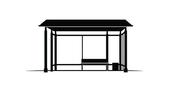 A simple black silhouette illustration of a covered bus stop with a bench inside