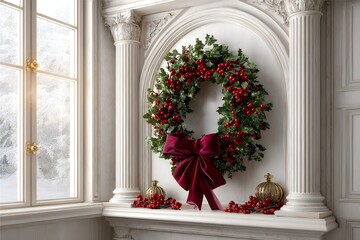 Elegant holiday wreath with red berries and velvet bow on classical mantel