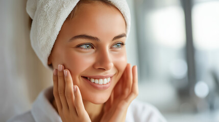 Woman enjoying morning skincare, self-care routine in bathroom, beauty regimen, personal wellness, facial treatment, with copy space