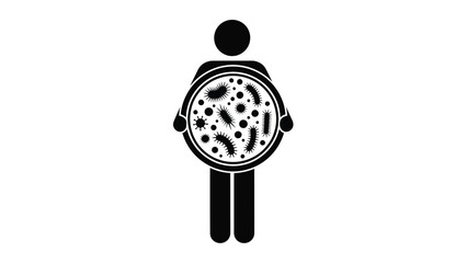 A simple black and white stick figure is shown holding a circular petri dish filled with bacterial colonies