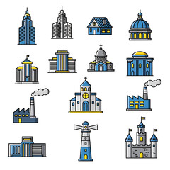 Diverse Architectural Structures and Urban Landmarks Vector Icon Set Modern Skyscrapers, Historic Churches, Industrial Facilities, and Castles for Cityscape Design Elements