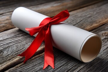 Rolled diploma with red ribbon on wooden surface