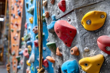 Colorful indoor rock climbing wall with holds