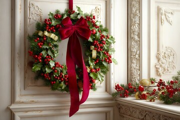 Elegant christmas wreath with red bow and greenery on classic white wall