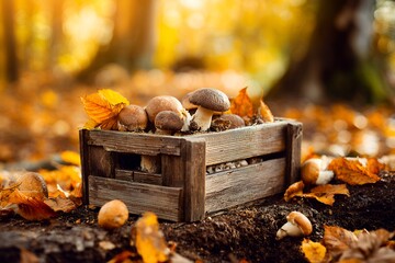 Autumn harvest of mushrooms in wooden crate amidst fall leaves in forest