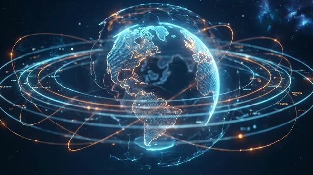 Rotating digital earth globe surrounded by quantum energy rings. Futuristic visualization of global quantum networks and advanced connectivity technologies. video footage video footage