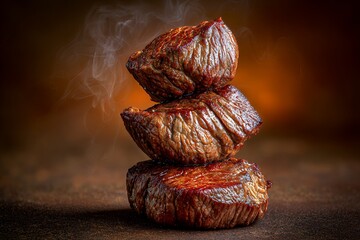 Juicy grilled beef steaks stacked in rustic setting with steam rising
