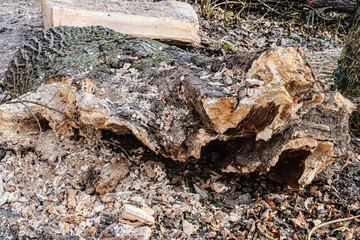 Fototapeta premium Decaying fallen tree trunk with hollowed-out interior and rough bark texture