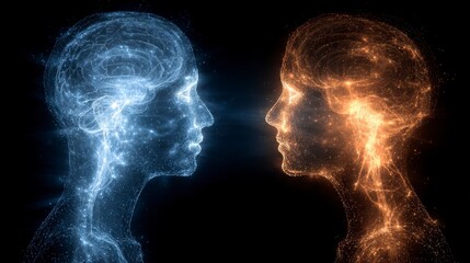 Two abstract human silhouettes face each other, constructed of glowing particles, symbolizing brain activity and connection