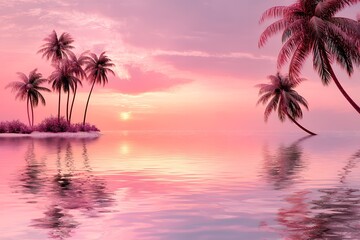 Serene tropical sunset over pink ocean with silhouetted palm trees