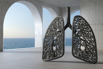 Intricate metallic lung sculpture in modern ocean view gallery