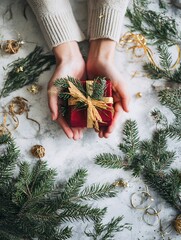 Female hands holding gift wrapped in red and gold surrounded by festive evergreen branches