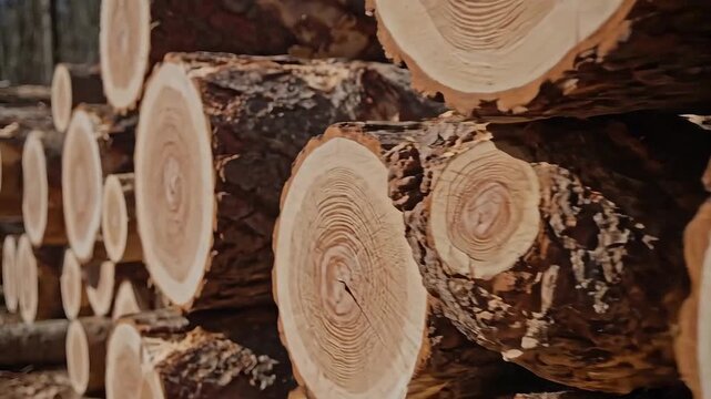 Stack of freshly cut lumber showing tree rings and bark texture.