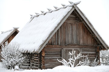 Rustic snow-covered wooden cabin in winter landscape