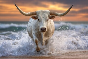Majestic longhorn bull charging through ocean waves at sunset