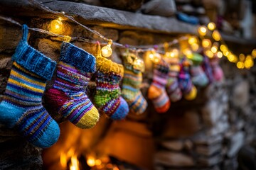 Colorful knitted christmas stockings hanging by cozy fireplace with string lights
