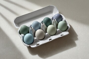 Pastel-colored eggs in carton on light textured surface with soft shadows