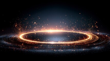 A luminous, ethereal ring of light floats against a dark blue background, with sparkling particles and faint galaxy-like elements
