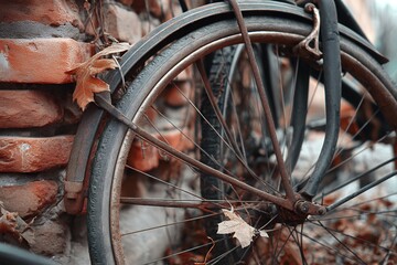 Vintage bicycle wheel with falling autumn leaves against brick wall