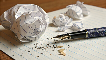 Crumpled lined paper ball and fountain pen on ruled paper with wood full hd 4k stock image download background