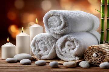 Relaxing spa scene with white towels, candles, and bamboo on wooden surface