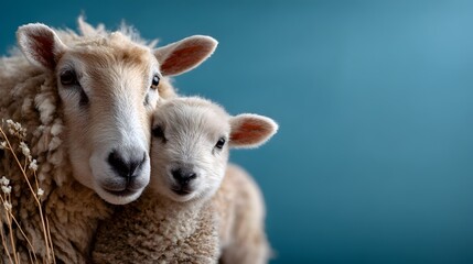 Fototapeta premium Close-up portrait of a sheep and lamb cuddling together against a blue background. Tender farm animal concept with copy space.