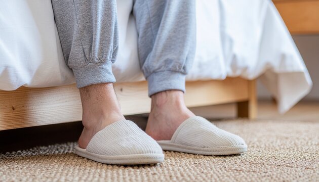 Man wearing soft home slippers standing next to bed in cozy bedroom interior. Morning routine, comfort, home lifestyle and relaxation concept.