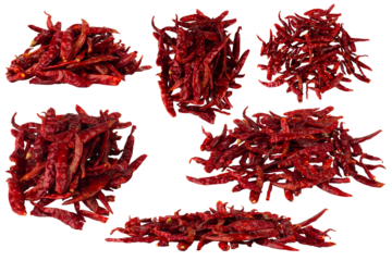 Roasted chilies are piled up on a white background
