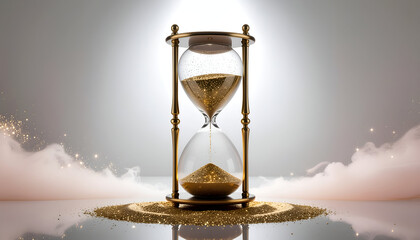 Golden hourglass with flowing sand on elegant background. Concept of time, patience, value, luxury, investment and life balance.