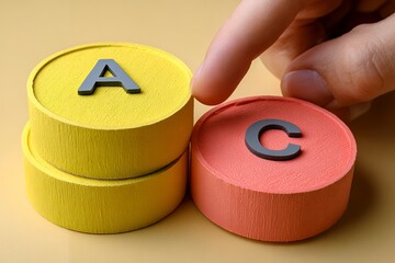 Hand arranging wooden blocks with letters a and c on yellow and orange cylinders