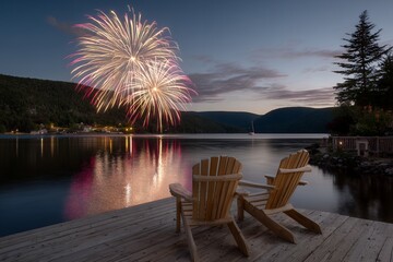 Stunning fireworks display over serene mountain lake at dusk