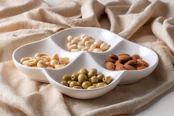Assorted snacks in white ceramic bowl: nuts, olives, beans on fabric