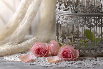 Pink roses and ornate silver birdcage on lace fabric