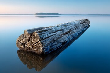 Serene lake scene with driftwood and distant island at dawn