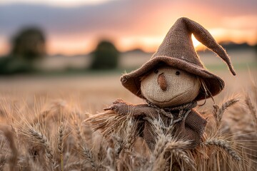 Charming scarecrow in tranquil wheat field at sunset