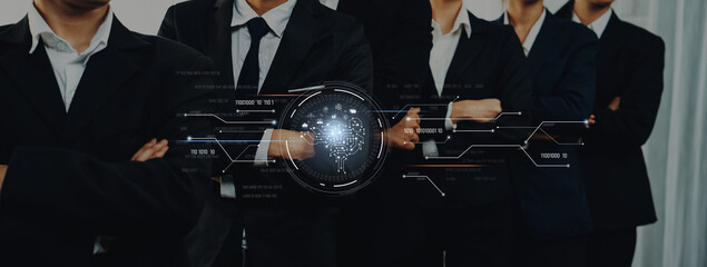 Group of business professionals in suits stands confidently, with an overlay of digital data visuals, symbolizing innovation and teamwork in modern workplaces. Trope