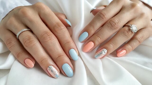 Elegant woman's hands showcasing a pastel blue and peach manicure with delicate glitter art on soft white fabric for spring beauty concept and self-care