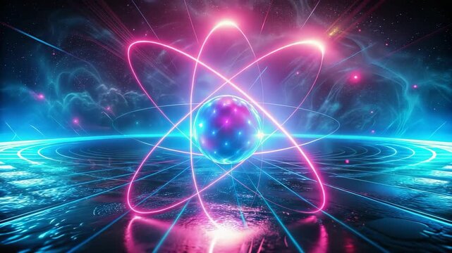 Vibrant neon glowing atomic structure with orbiting electrons against a dark cosmic background for quantum technology concept and scientific innovation