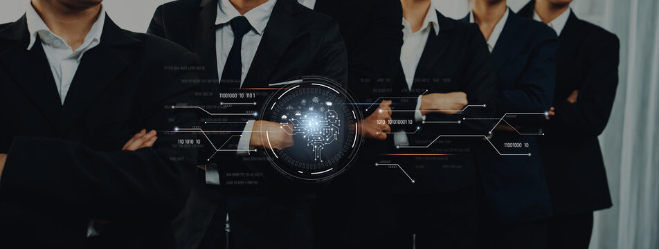 Group of business professionals in suits stands confidently, with an overlay of digital data visuals, symbolizing innovation and teamwork in modern workplaces. Trope - Powered by Adobe