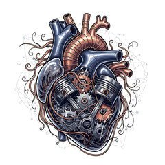 Stunning illustration of a mechanical heart, intricately designed with gears, pistons, and metallic components, representing the complex vital engine of life