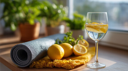 Obraz premium Glass of lemon water fresh fruits, yoga mat near window, bright natural light, wellness self-care routine, healthy lifestyle, with copy space