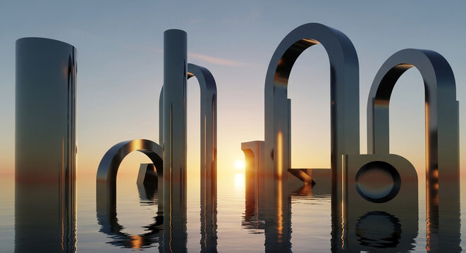 Metallic abstract shapes partially submerged in water at sunset, creating a minimalist and reflective scene, showcasing a concept of serenity, balance and modern design - Powered by Adobe