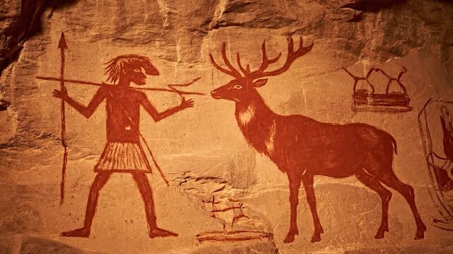 Ancient cave painting depicting a hunter with a spear facing a stag