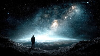Fototapeta premium Person in suit gazes at illuminated cosmic scene from rocky planet.