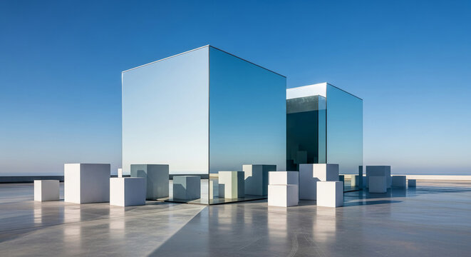 Minimalist outdoor scene with mirrored cubes and white pedestal cubes, reflecting clear blue sky, showcasing a modern, clean aesthetic suitable for architecture or design projects