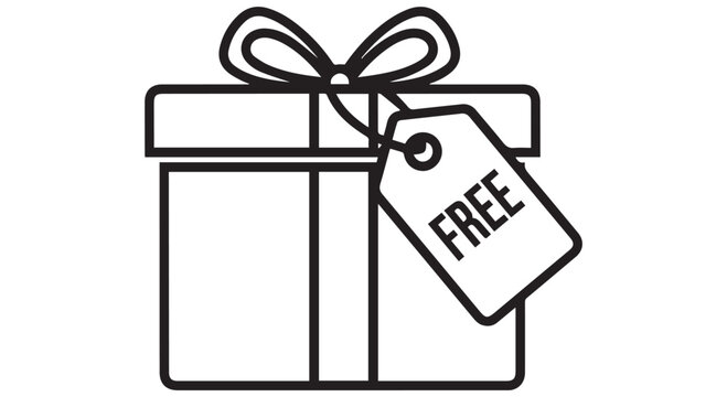 Outline drawing of a gift box with a ribbon and a free tag, isolated on transparent background