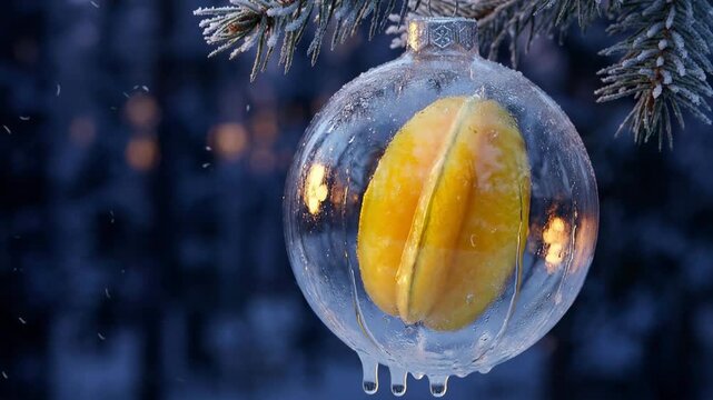 A glass Christmas ornament containing a slice of tropical carambola fruit hangs on a frosty pine branch in the snow