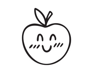 Smiling apple with closed eyes, cute classroom doodle, line art outline contour, monochrome, hand drawn