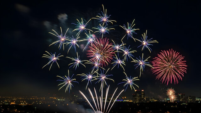 Vibrant night sky fireworks display - Powered by Adobe